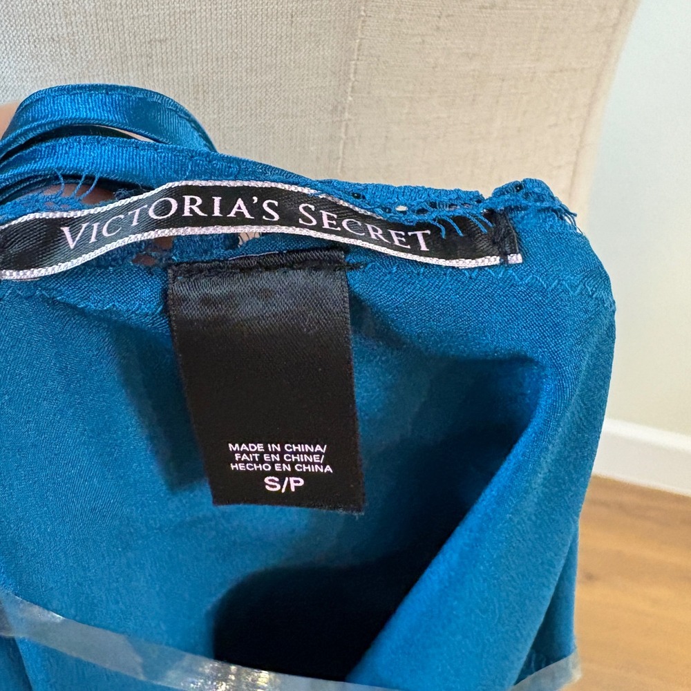 Victoria's Secret Slip Robe Set S Teal Blue Satin Lace Trim Romanitc Nightie - Picture 11 of 14